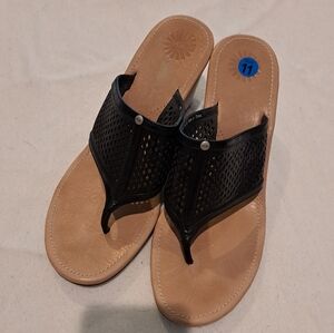 UGG Solena Black Leather Perforated Wedge Thong Sandals Size 11